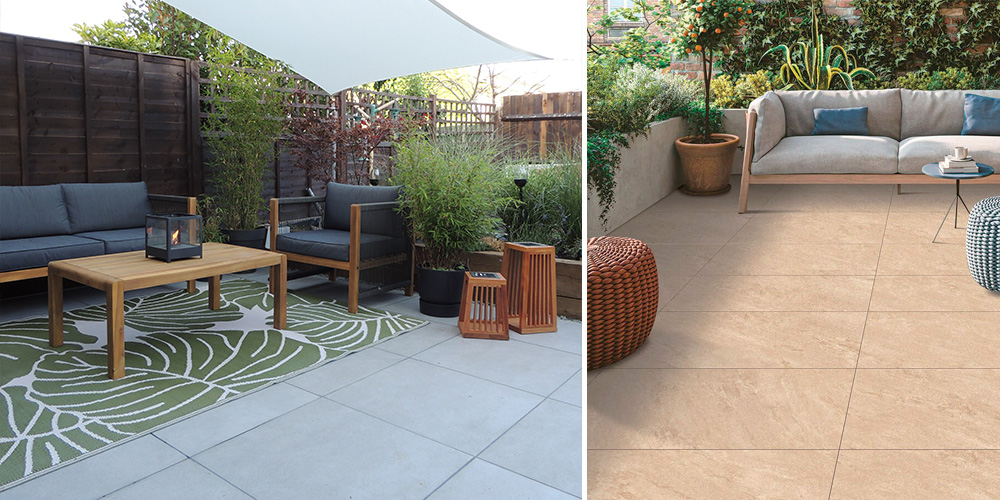 (Left) Concrete-effect patio porcelain paving, (Right) Lithos beige patio porcelain slabs